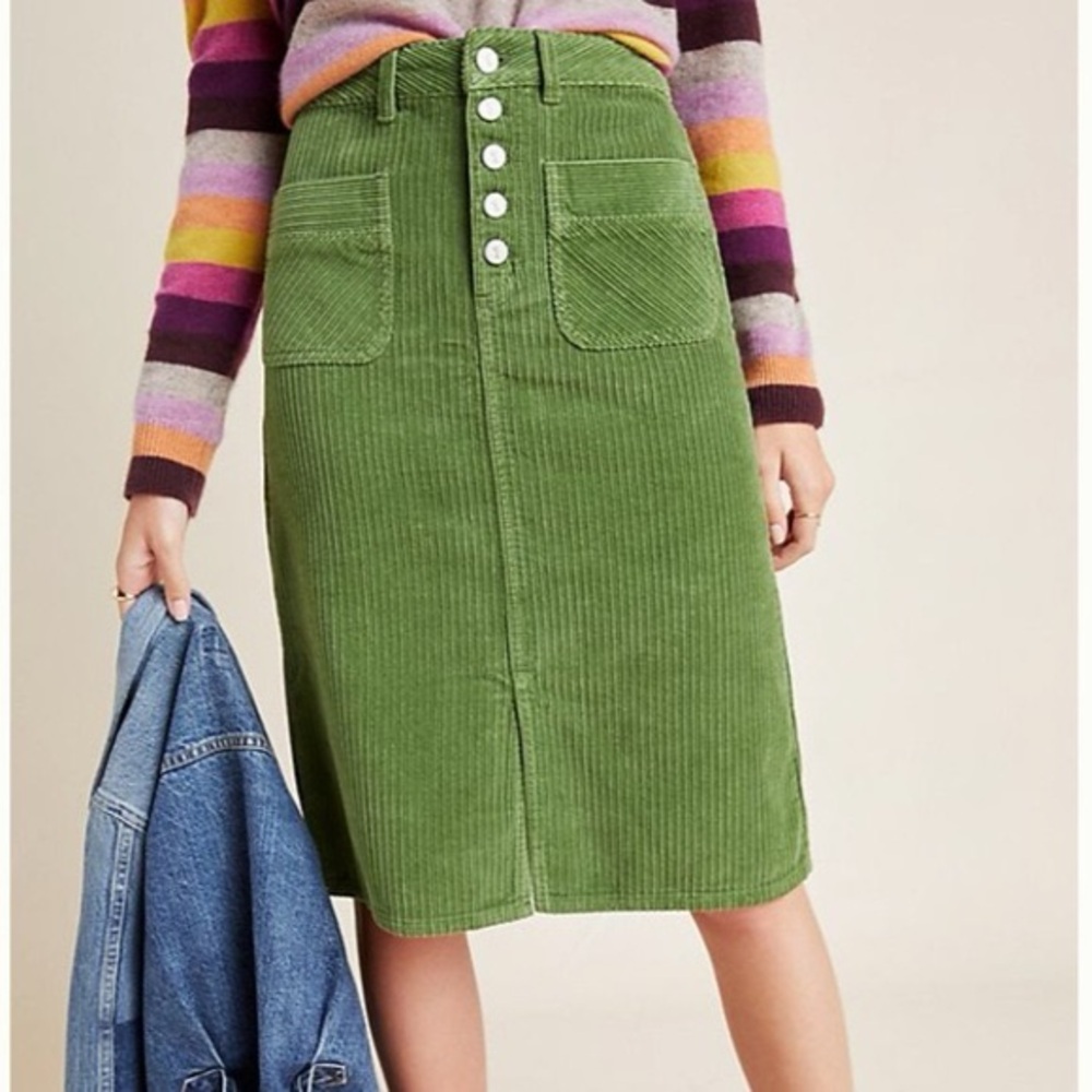Anthropologie Green Corduroy Button-Front Midi Skirt